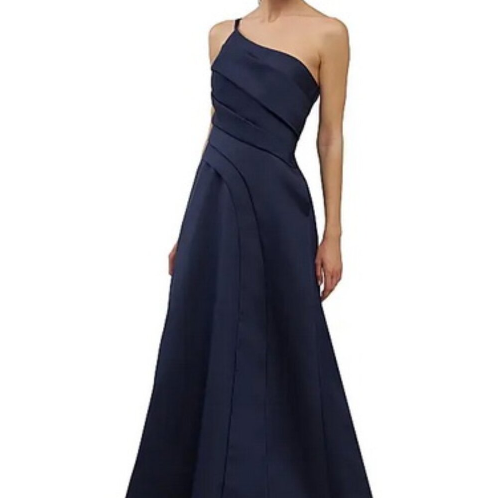 Kay Unger Midnight Blue Jillian One-Shoulder Pleated Taffeta Gown - Picture 6 of 7